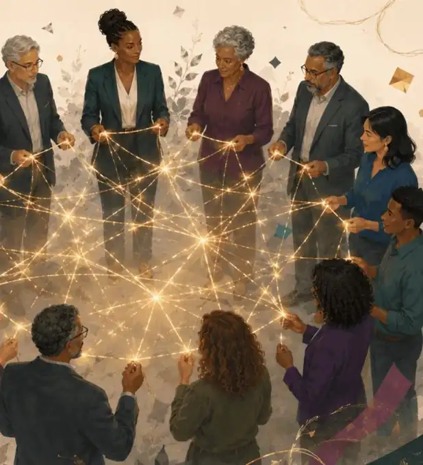 A team gathered around a glowing thread