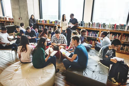 Students learning together in a library