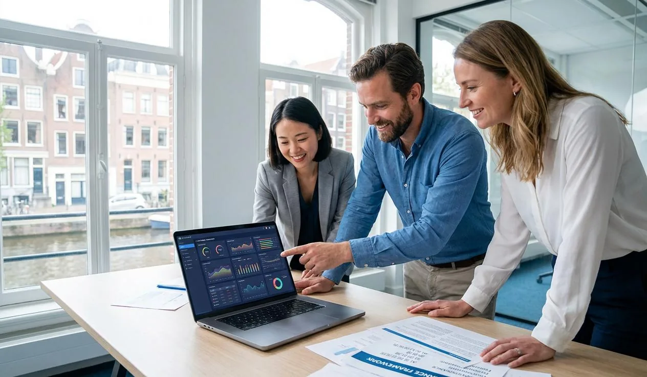 Three colleagues reviewing a performance dashboard on a laptop